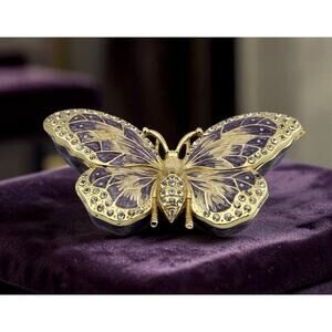 Butterfly Trinket Box Purple Gold Enamel w/ Crystals on Metal 4 Inches